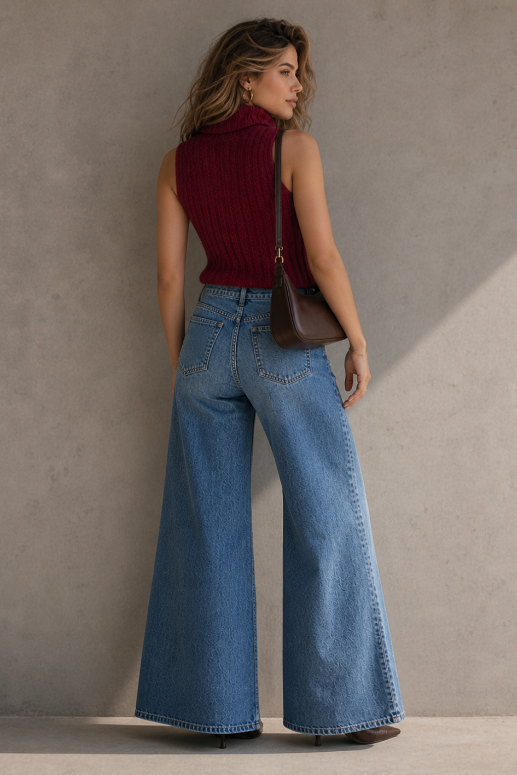 A woman stands with her back to the camera wearing a sleeveless ribbed burgundy turtleneck top, wide-leg blue denim jeans, and carrying a brown leather shoulder bag against a textured gray wall.