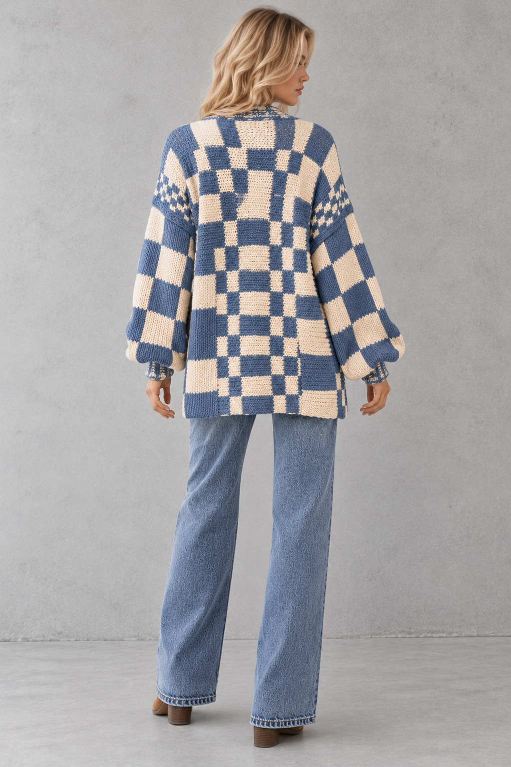The Marielle Checkered Knit Cardigan – Blue & Cream