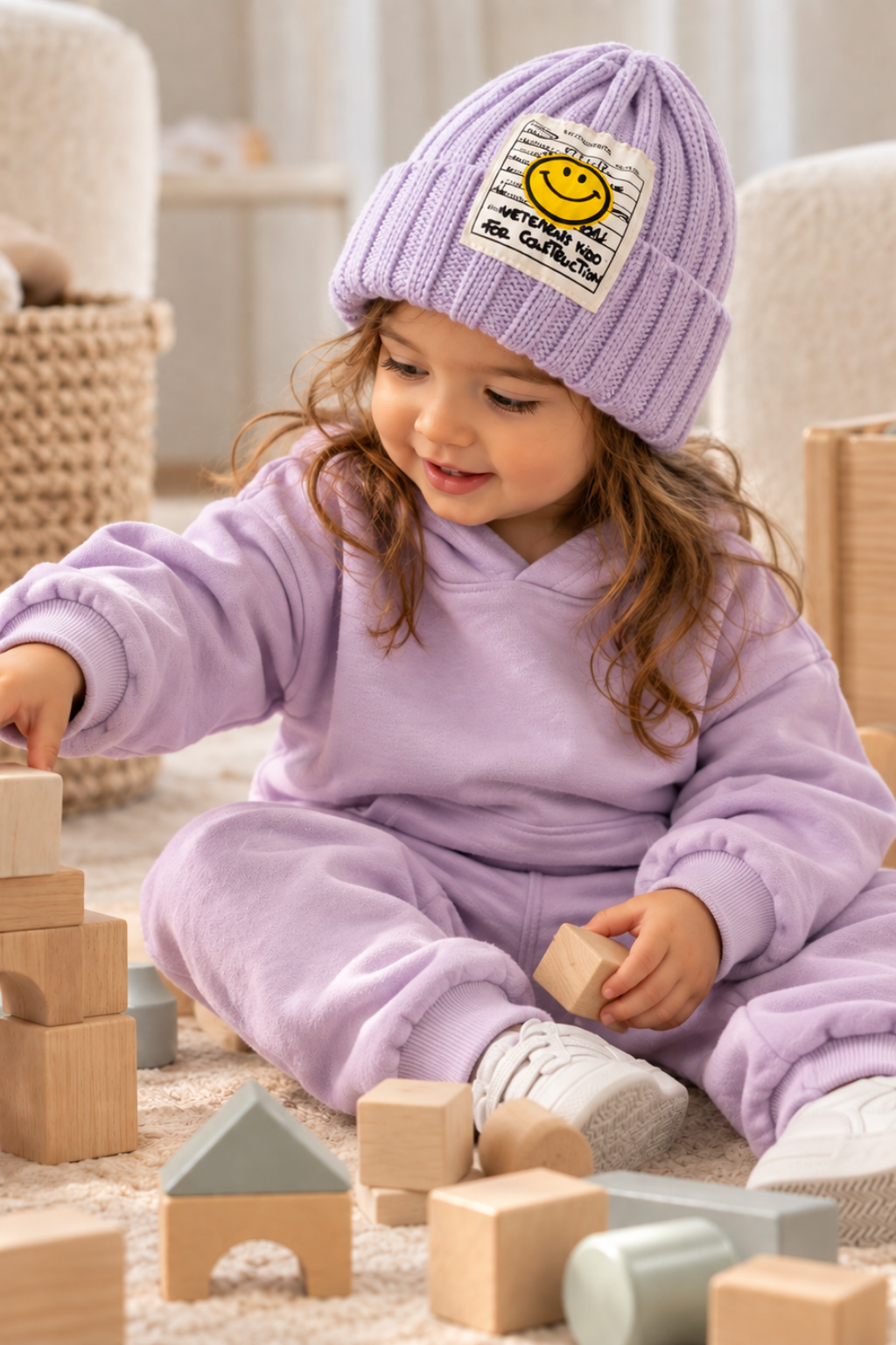 A young child sitting on a carpeted floor playing with wooden blocks, wearing a cozy lavender fleece hoodie and matching beanie hat with a yellow smiley face patch.