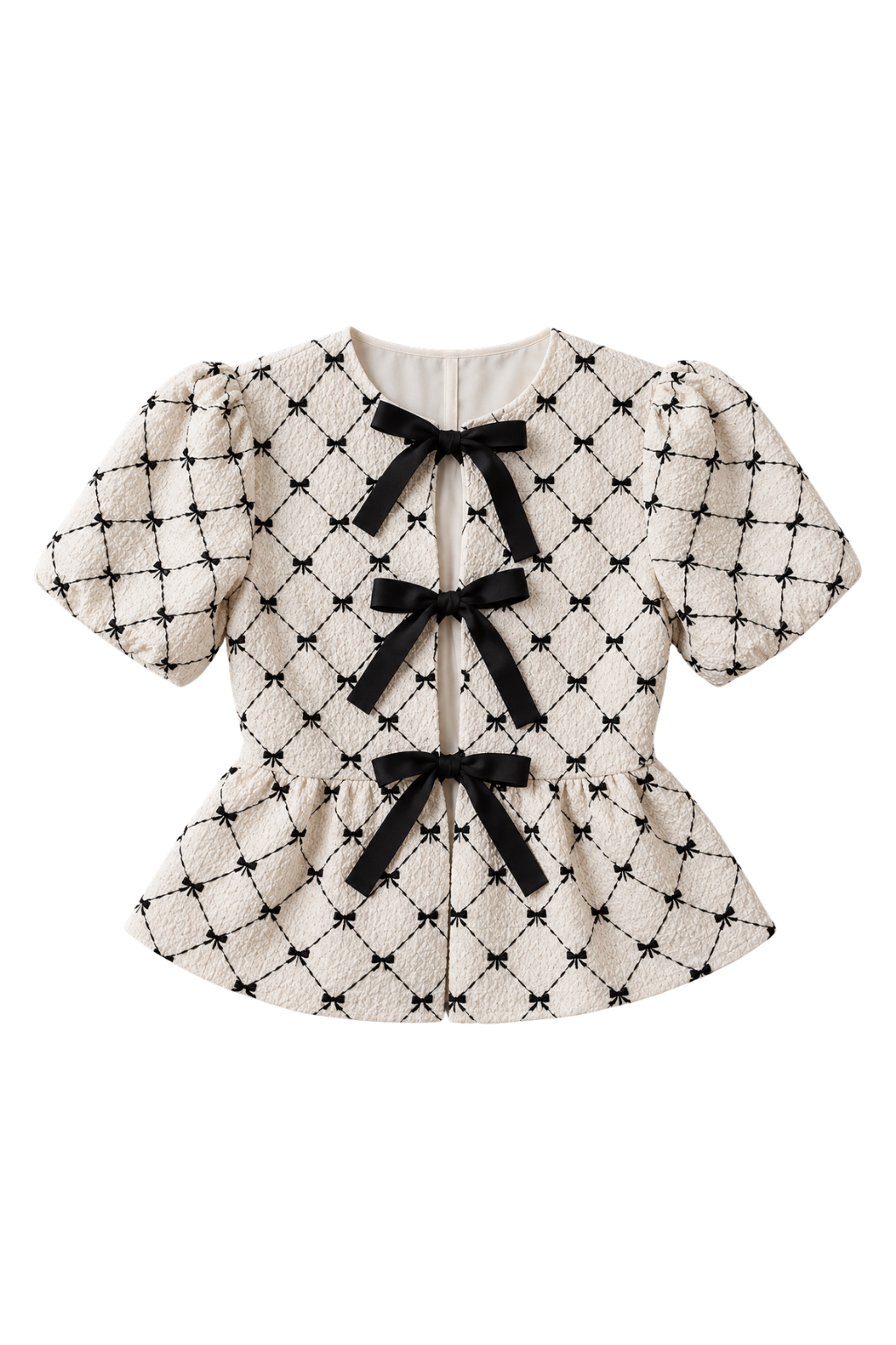 A short-sleeve baby top featuring a black and white lattice pattern with three black ribbon bow details down the front, displayed on a clean white background.