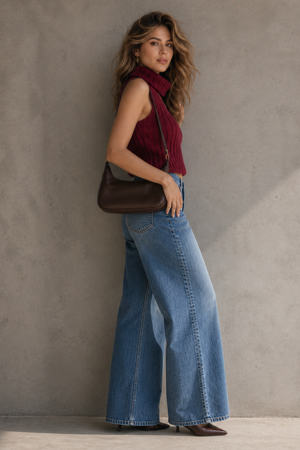 A woman stands against a textured gray wall wearing a sleeveless burgundy knit top, wide-leg blue jeans, and dark brown shoes, while carrying a dark brown shoulder bag.
