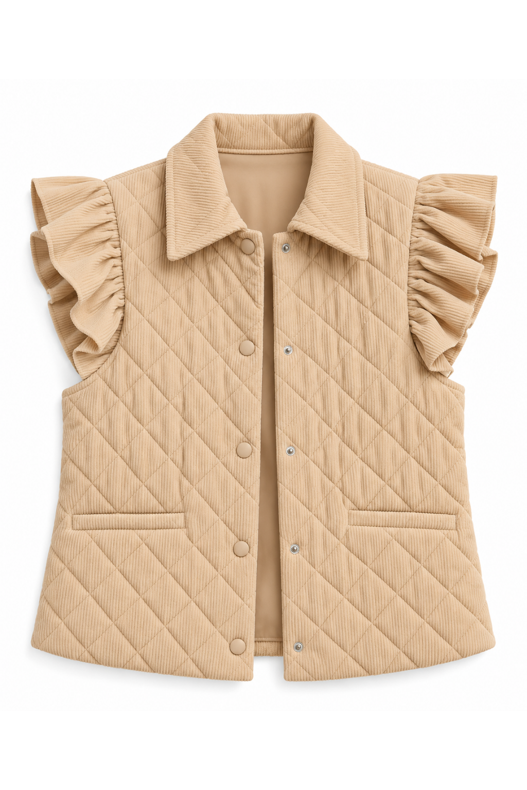 Mira Quilted Ruffle Sleeve Vest – Tan