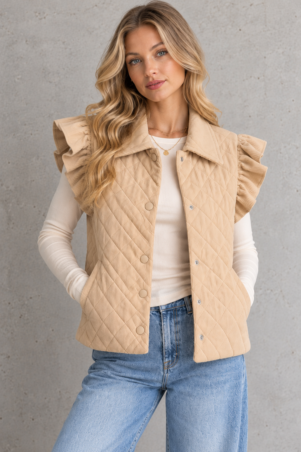 Mira Quilted Ruffle Sleeve Vest – Tan