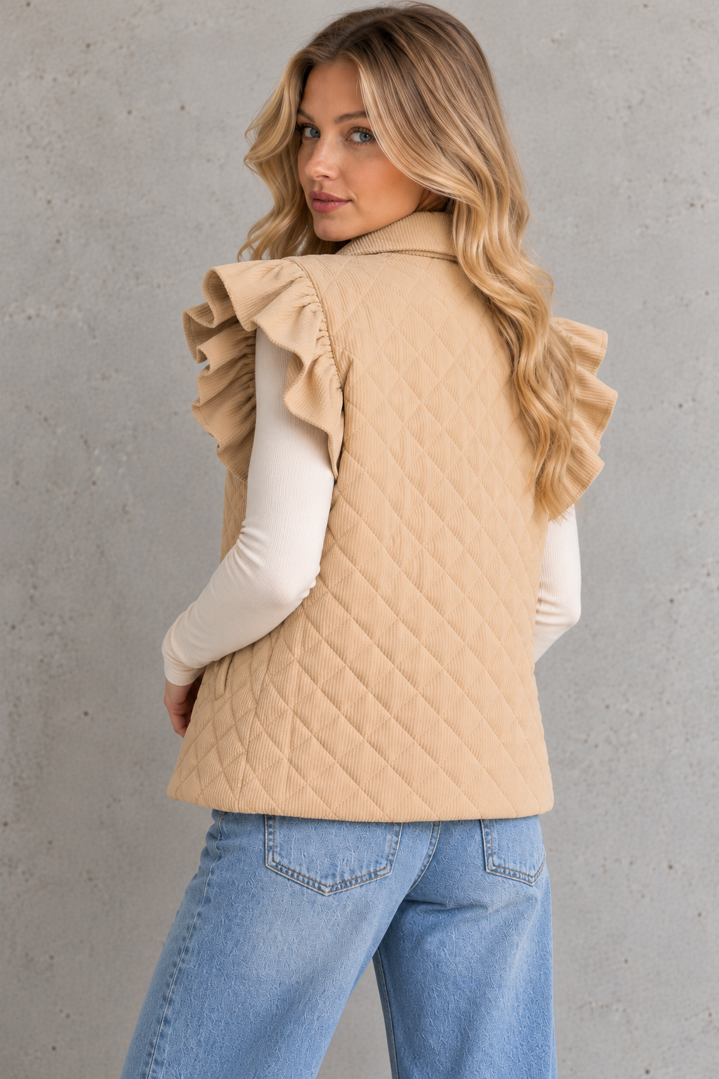 Mira Quilted Ruffle Sleeve Vest – Tan