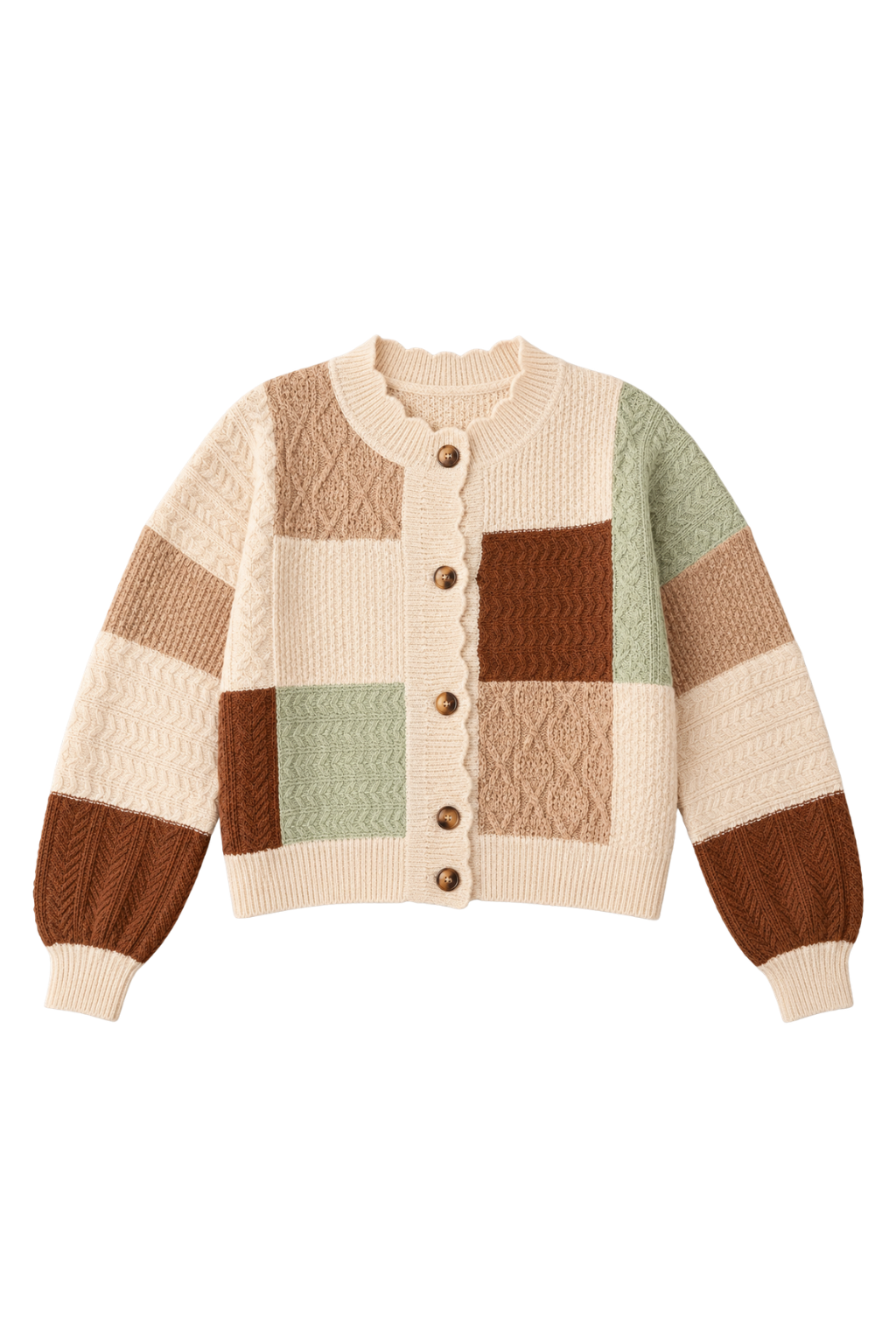 A women's knit cardigan sweater featuring a patchwork design with cream, brown, sage green, and tan blocks, complete with a scalloped neckline, button closure, and ribbed cuffs and hem.