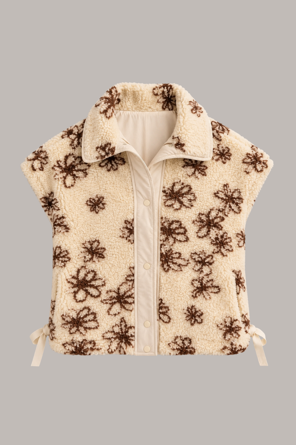 A cropped, sleeveless sherpa fleece vest in cream with a dark brown floral pattern, featuring a mock neck, snap button front, and side ties, shown against a solid gray background.