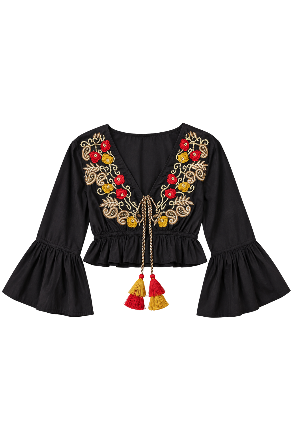 Black long-sleeve blouse with ornate gold embroidery and red/yellow floral accents on the V-neckline, plus red and yellow tassels hanging from a drawstring, shown on a plain white background.