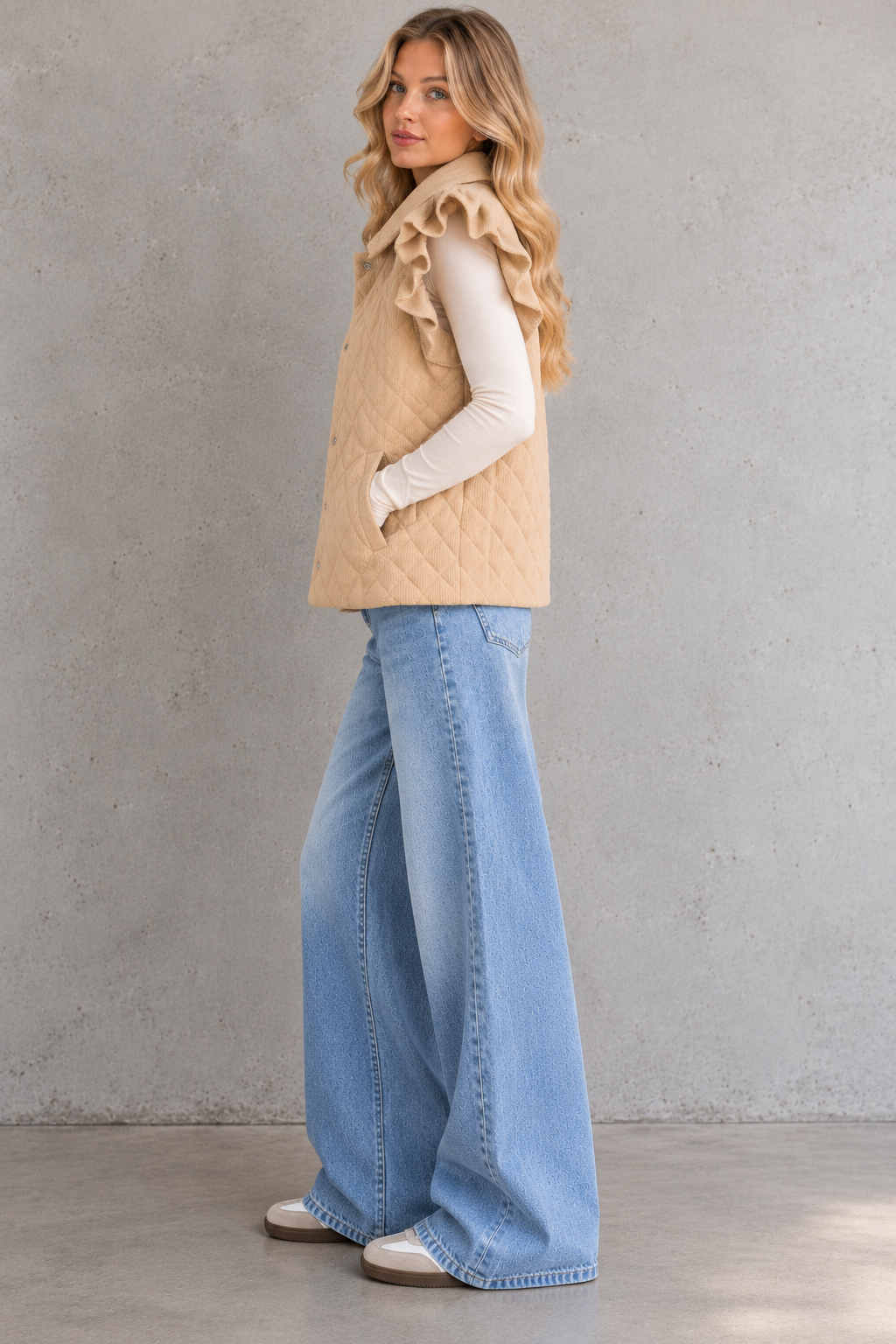 Mira Quilted Ruffle Sleeve Vest – Tan