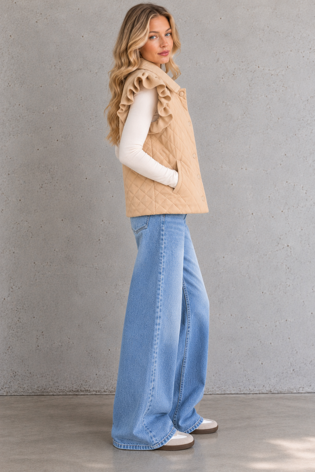 Mira Quilted Ruffle Sleeve Vest – Tan