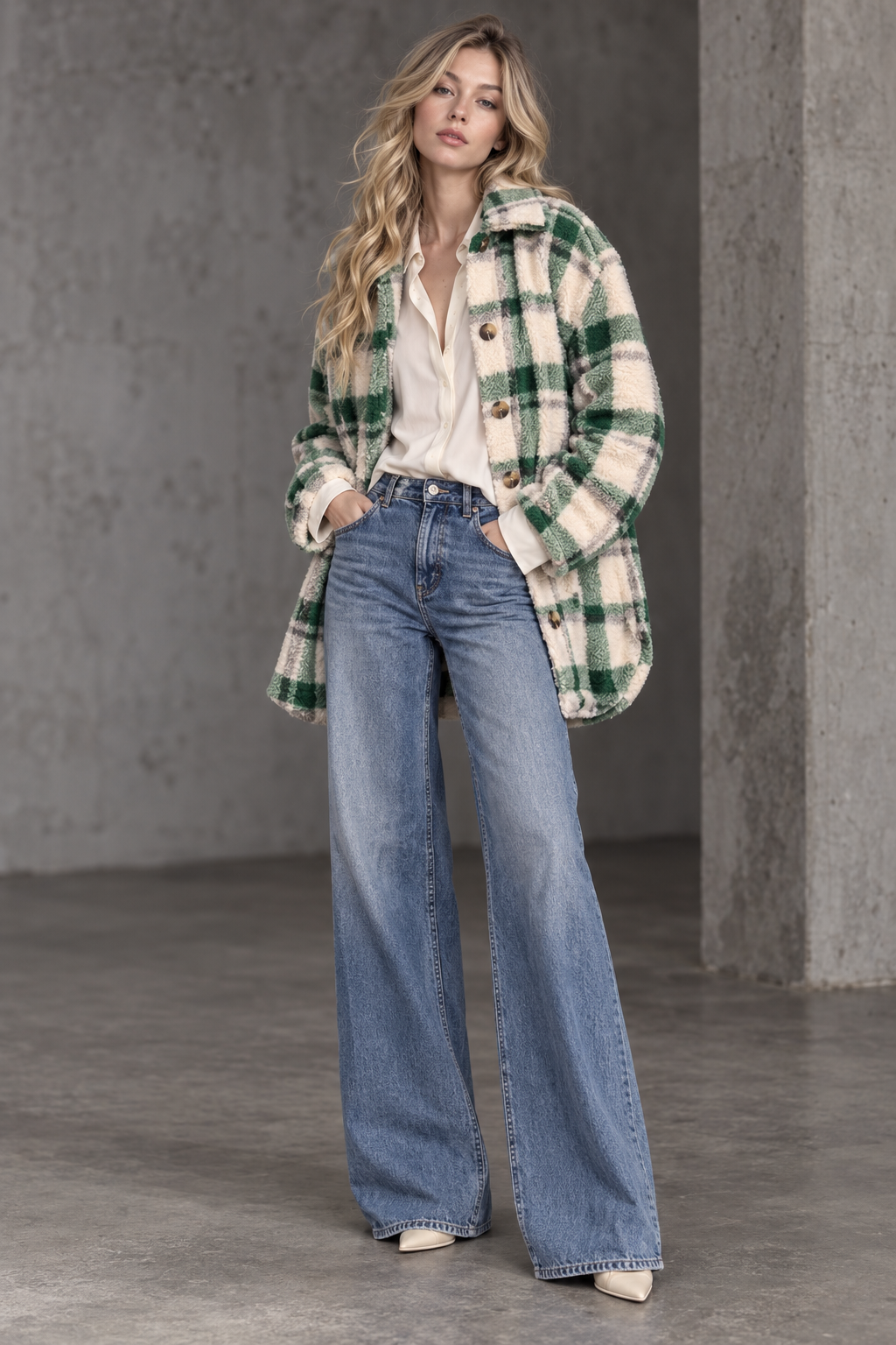 A woman stands in a concrete industrial setting wearing a green and cream plaid button-up jacket over a cream shirt, paired with wide-leg blue jeans and white pointed shoes.