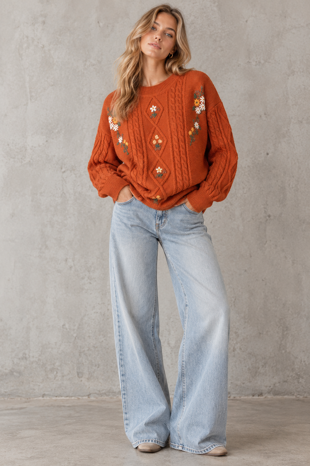 Éloise Floral Embroidered Cable-Knit Sweater