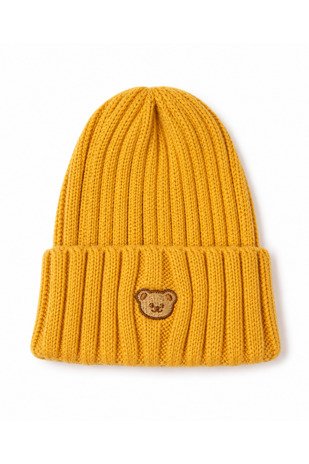 A mustard yellow ribbed knit beanie hat featuring a small embroidered brown bear face patch on the front cuff, set against a plain white background.