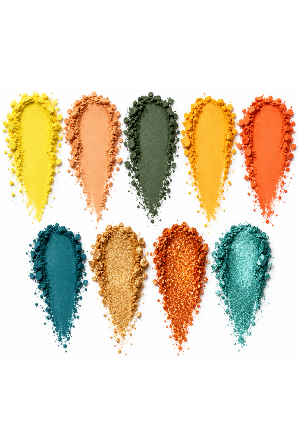 Nine colorful eyeshadow or powder swatches arranged in two rows on a white background, including yellow, peach, olive green, orange, mustard yellow, teal blue, gold, burnt orange, and shimmering aqua.