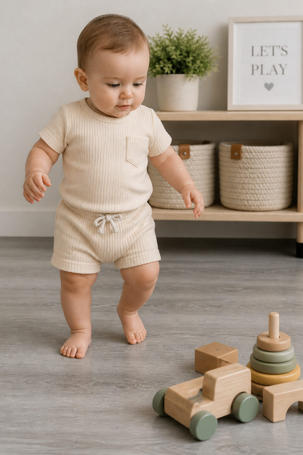 A baby wearing a cream ribbed short-sleeve romper walks barefoot on a gray floor next to a wooden toy truck. The background shows a wooden shelf with woven baskets, a potted plant, and a framed sign that reads 'LET'S PLAY'.