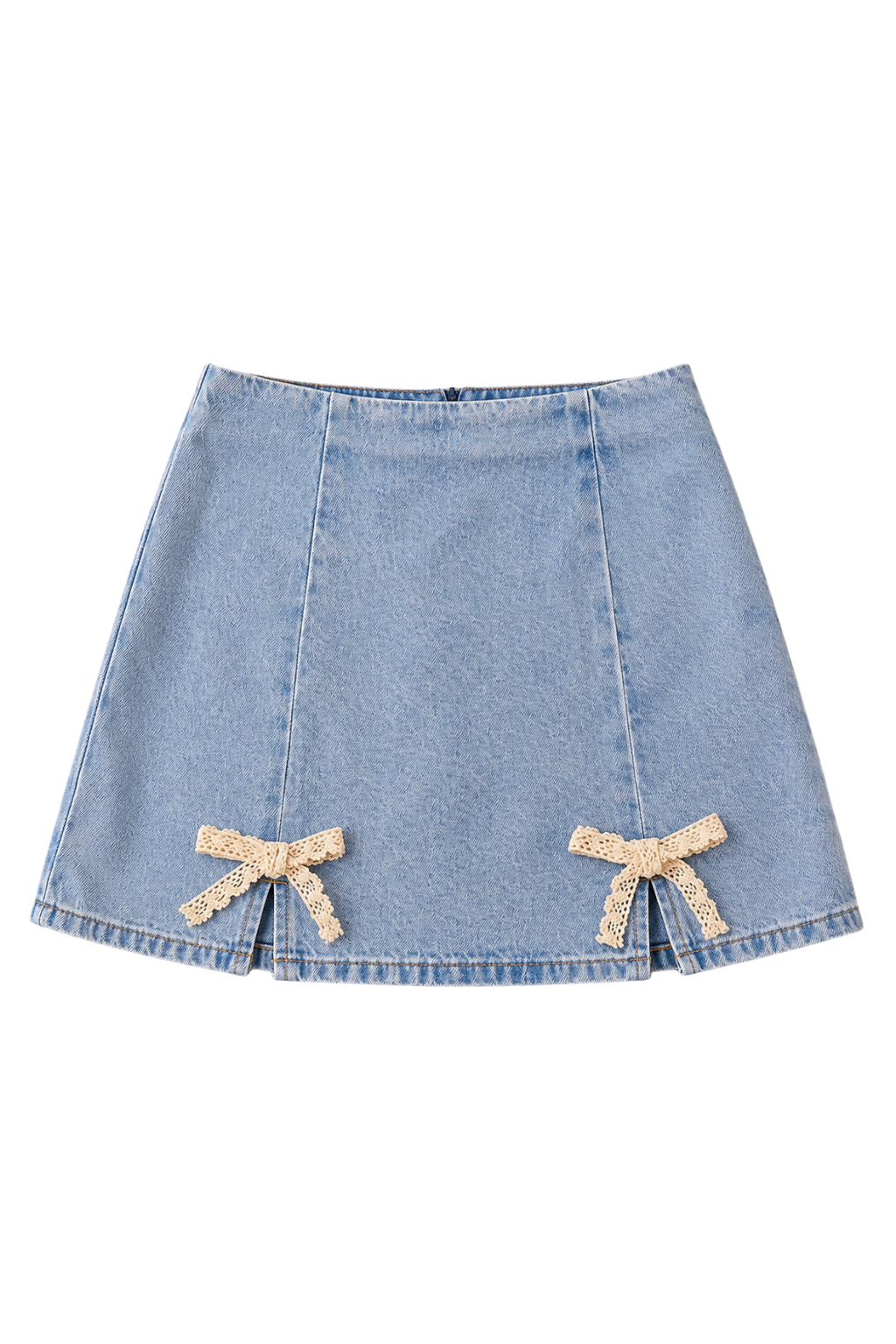 A light blue denim mini skirt with two beige lace bow accents on the front, displayed flat against a plain white background.