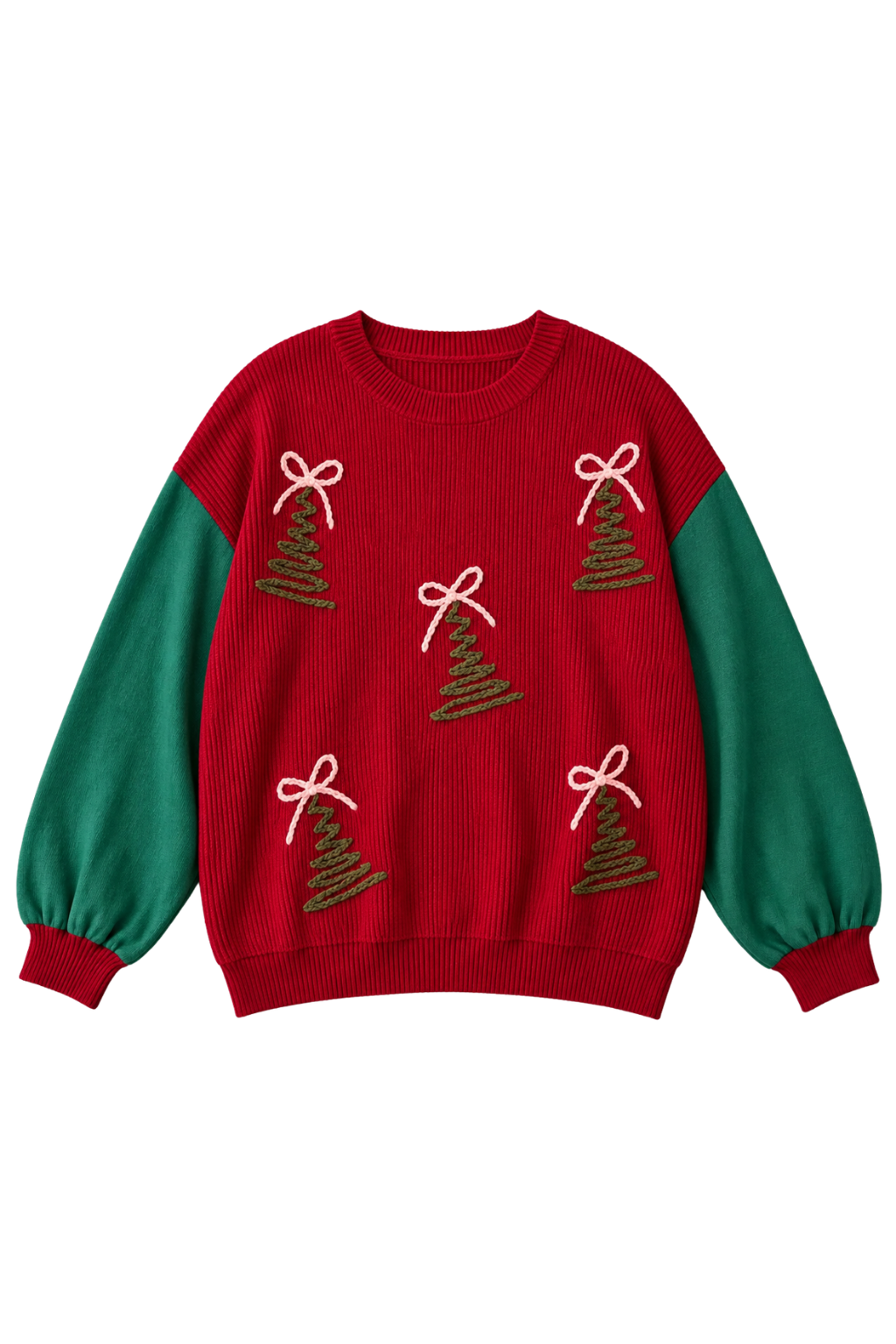 A festive Christmas crewneck sweater with a red body, green sleeves, and embroidered brown Christmas trees with white bows.