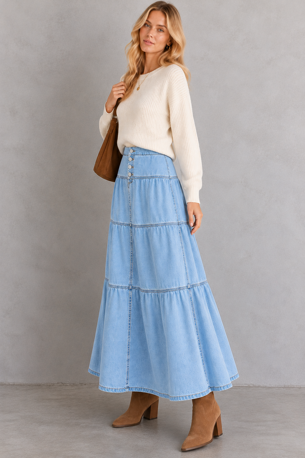A woman modeling a light blue tiered denim maxi skirt with button details, paired with a cream sweater, brown ankle boots, and a brown shoulder bag against a gray studio background.