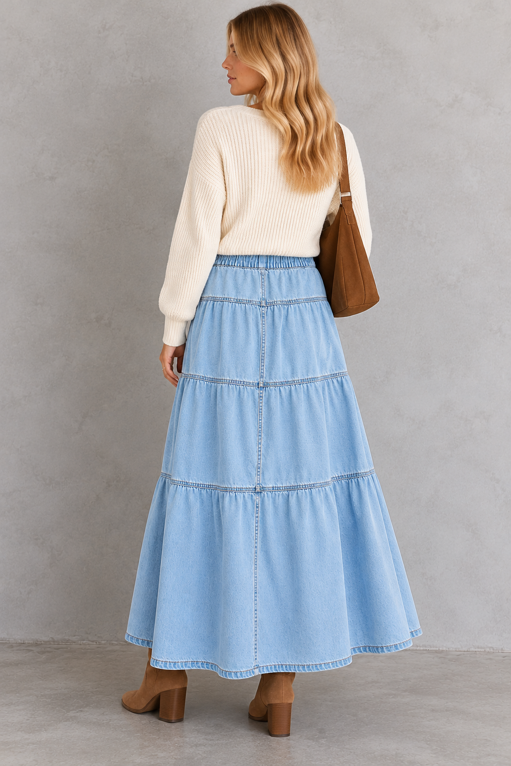 A woman shown from the back wearing a light blue tiered denim maxi skirt, a cream ribbed knit sweater, and brown block-heel boots, while carrying a brown shoulder bag against a textured gray studio wall.