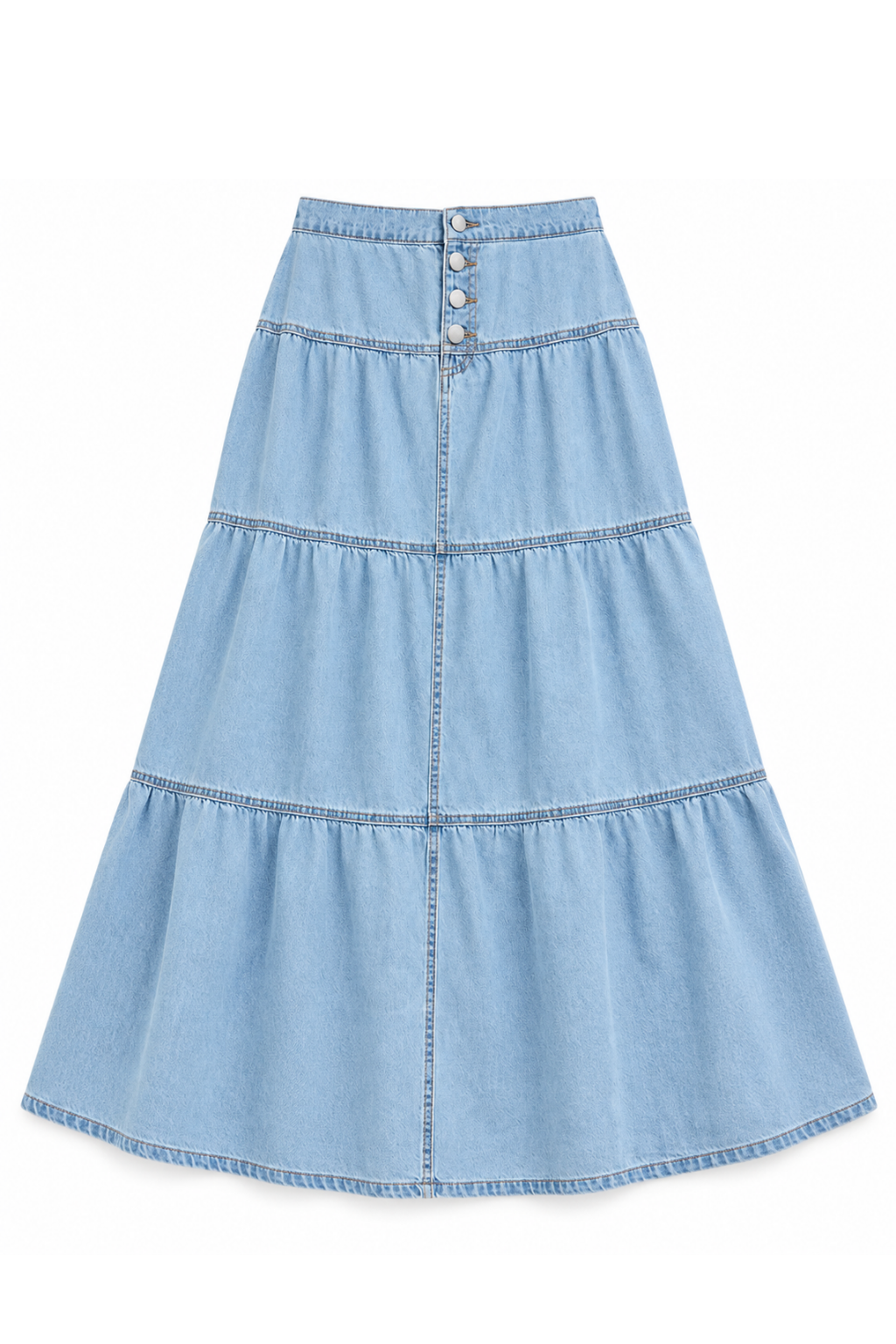 A light blue denim tiered skirt with a buttoned waistband, photographed flat against a white background.