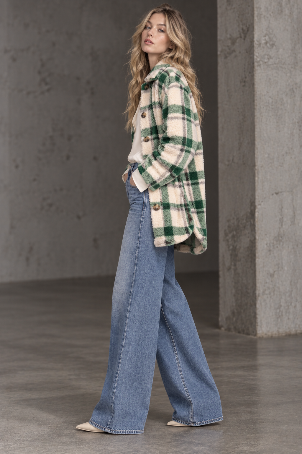 A woman stands in a studio with a concrete-textured wall wearing a green and cream plaid button-up shirt and wide-leg blue jeans.