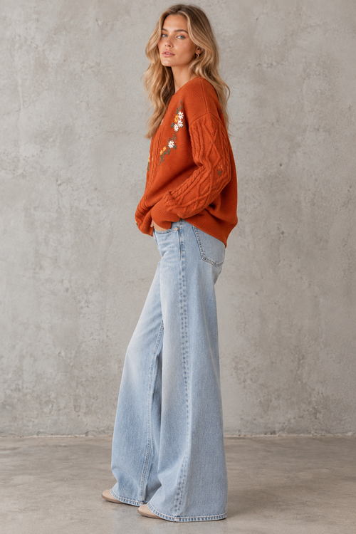 Éloise Floral Embroidered Cable-Knit Sweater