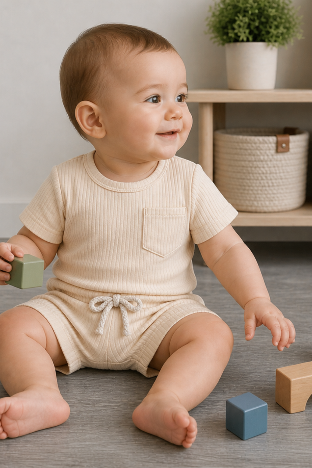 A baby sitting on a gray floor wearing a cream ribbed short-sleeve romper with a chest pocket and drawstring waist, surrounded by wooden toy blocks in a bright indoor room.
