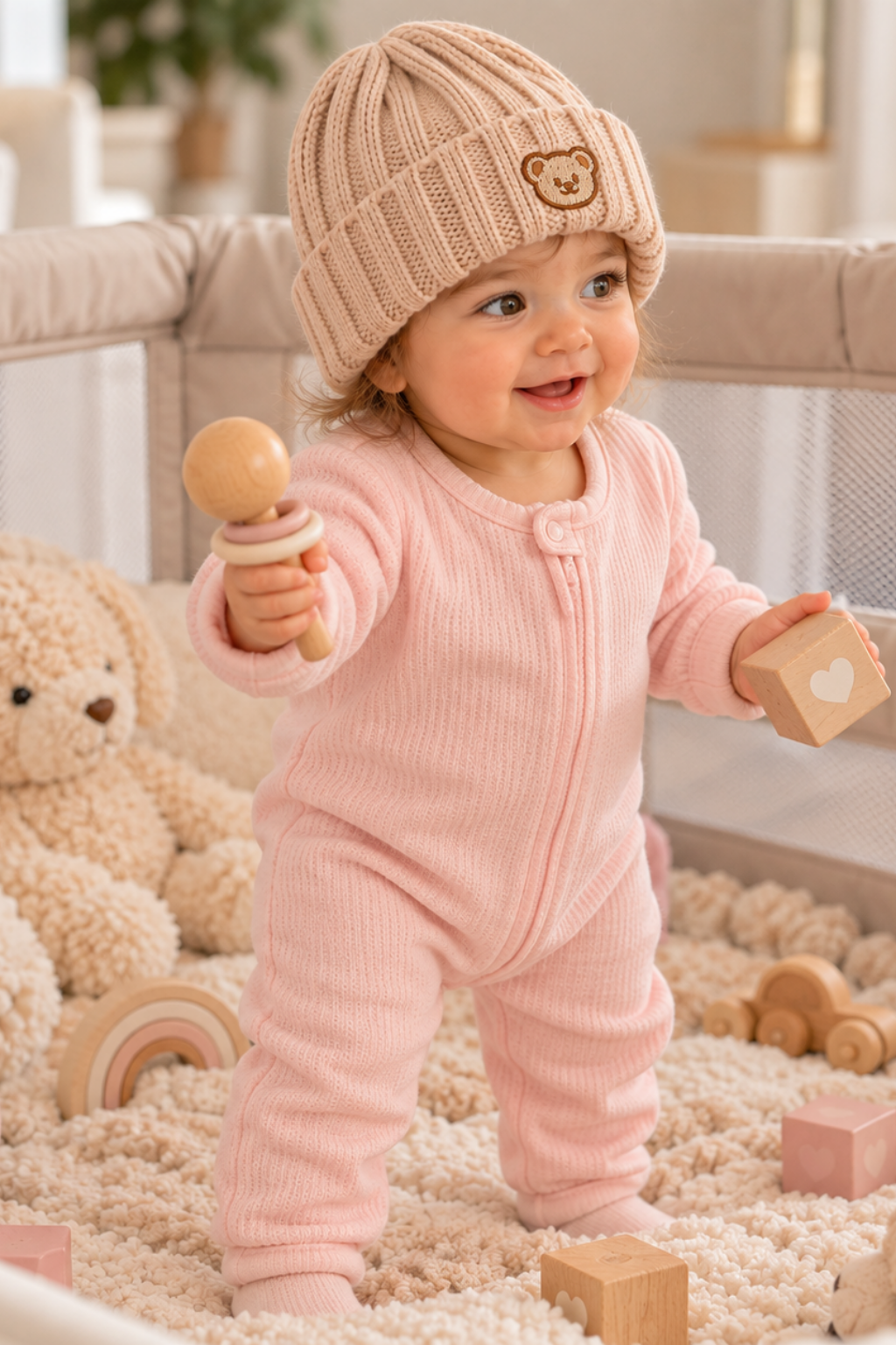 A baby wearing a pink ribbed footed one-piece and a beige knit beanie with a bear face patch, standing in a playpen filled with soft toys and shag carpet.