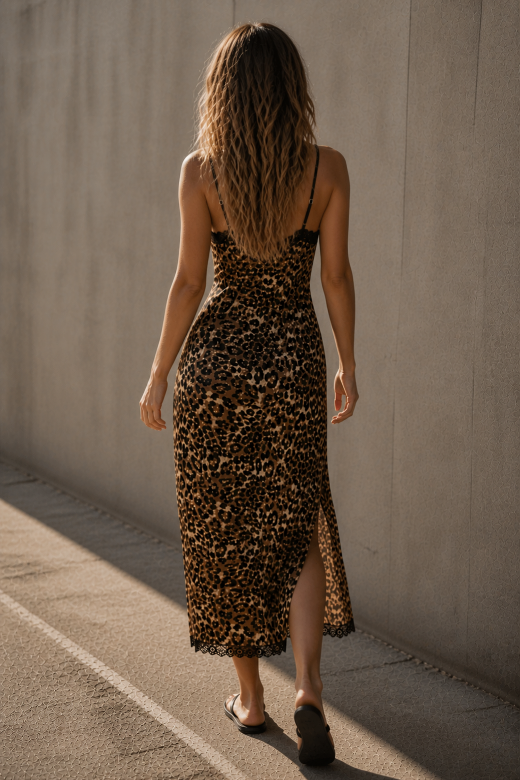 Woman in a leopard print dress walking away from a concrete wall.