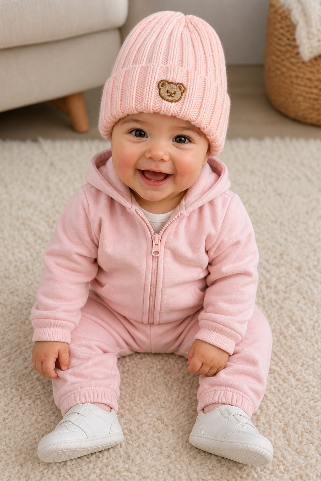A smiling baby sitting on a cream carpet wearing a pink knit beanie with a small teddy bear patch, a pink zip-up hooded jumpsuit, and white shoes.