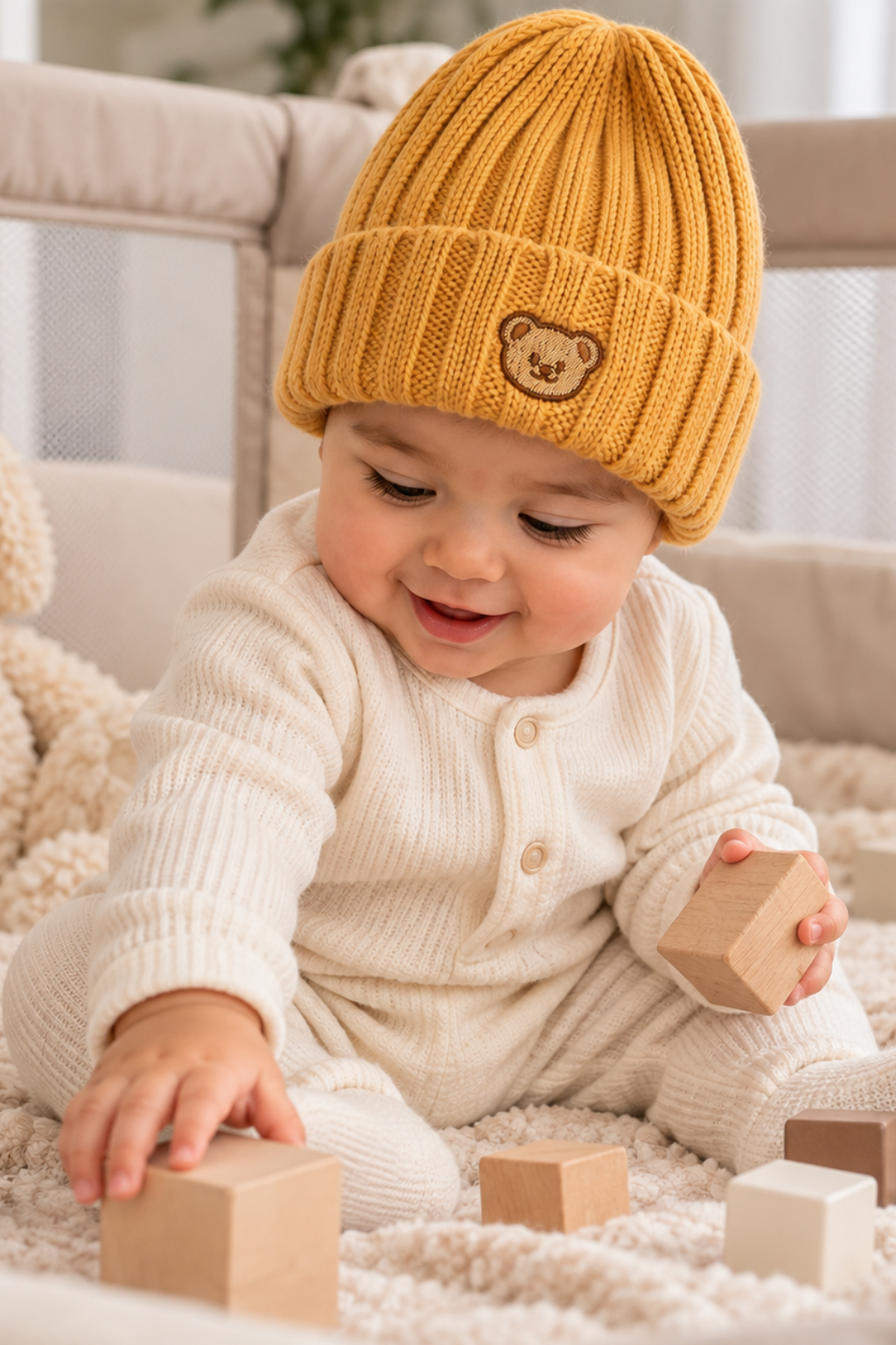 A baby wearing a mustard yellow ribbed knit beanie with a teddy bear patch and a cream ribbed button-up romper, sitting on a soft blanket and playing with wooden blocks.