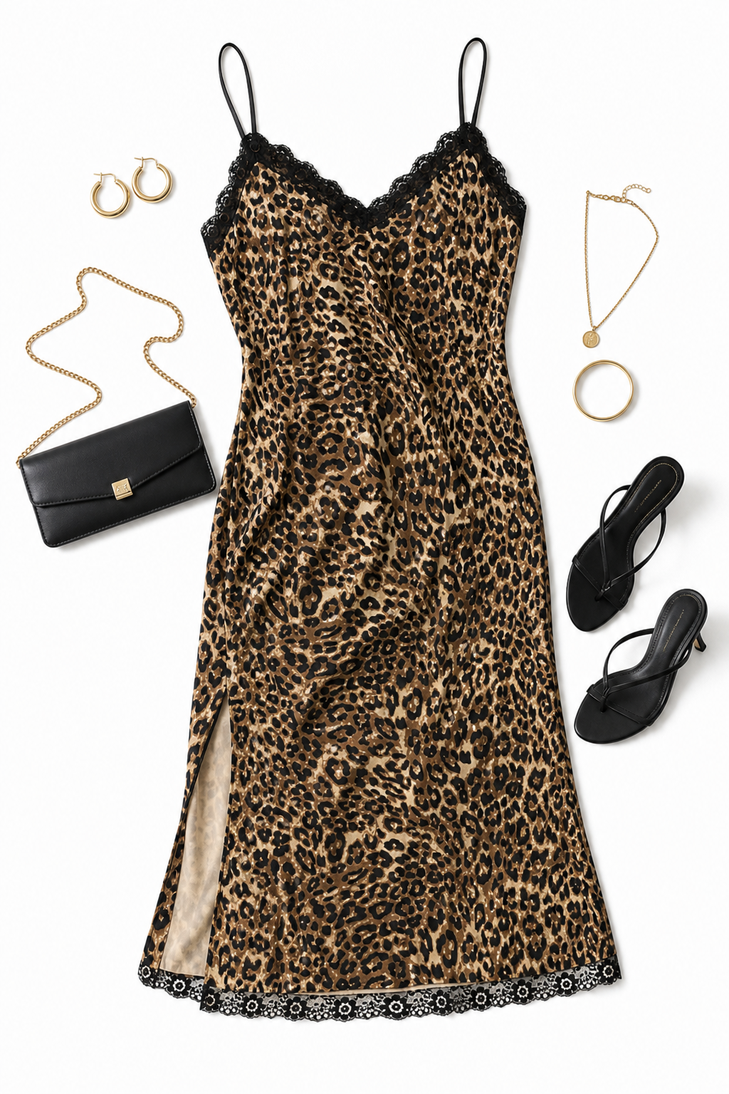 Leopard print dress with black clutch, shoes, and jewelry on a white background
