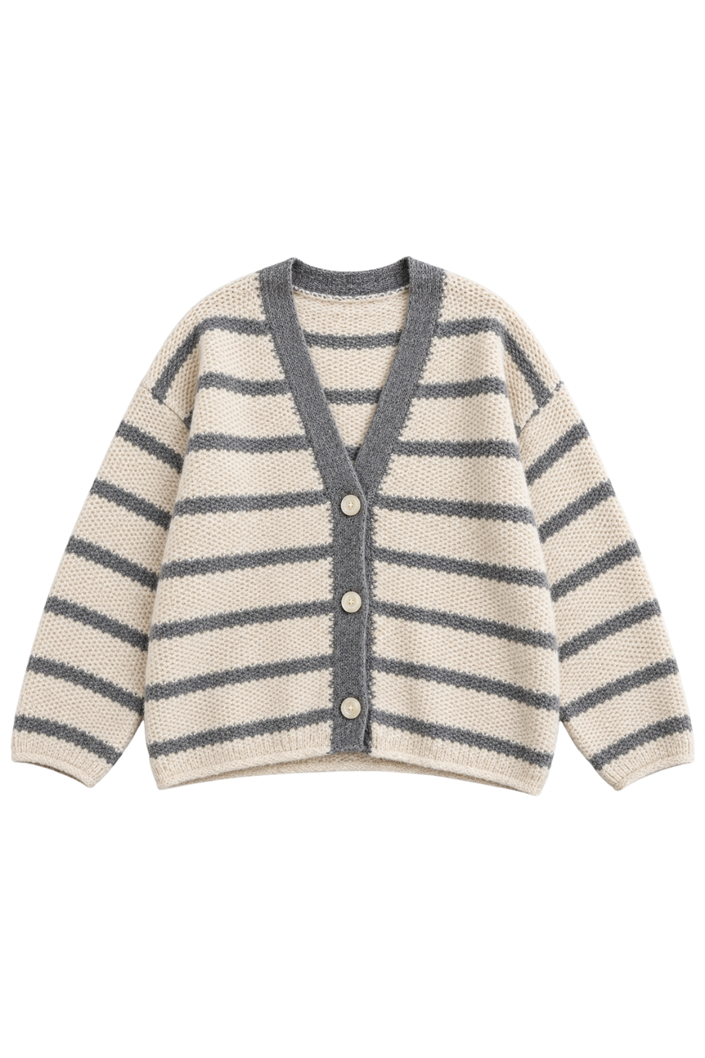 A knit cardigan sweater with horizontal gray stripes on a cream background, featuring a gray V-neck, button closure, and long sleeves.