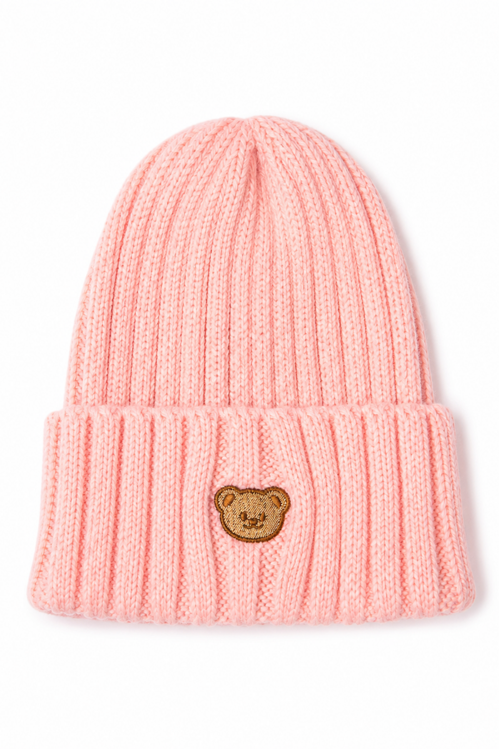 A light pink ribbed knit beanie hat with a folded cuff and a small embroidered brown bear face patch on the front, shown against a plain white background.