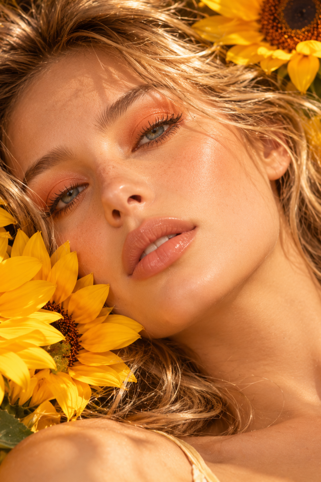 A close-up portrait of a woman with blonde hair and warm peach-toned makeup, resting beside bright yellow sunflowers in warm golden lighting.