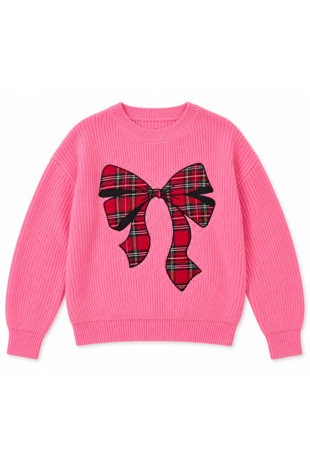 A pink ribbed knit crewneck sweater featuring a large red and black tartan plaid bow graphic on the front, displayed against a solid white background.