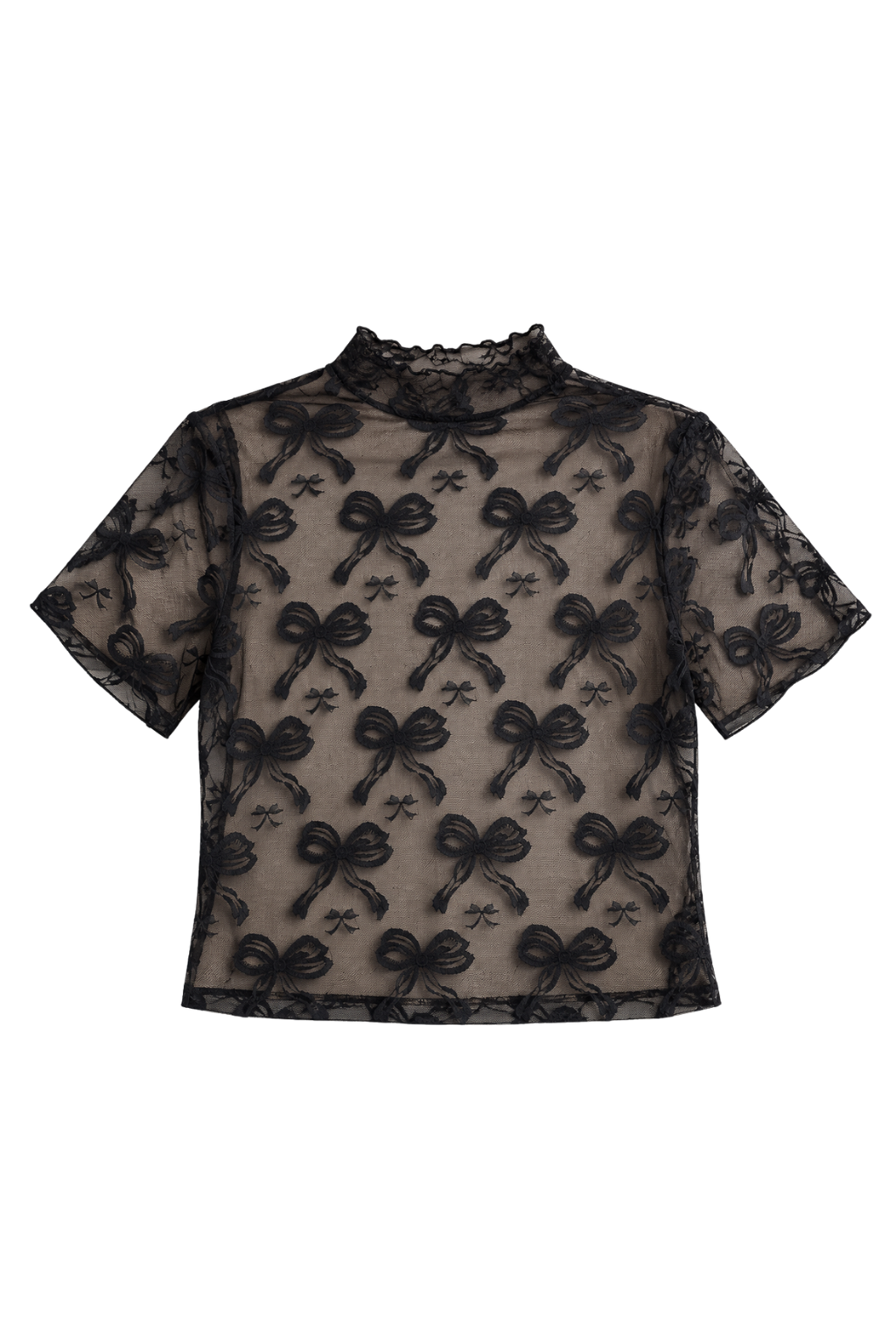 A sheer black lace short-sleeve top with an allover bow and floral pattern, displayed flat against a solid white background.
