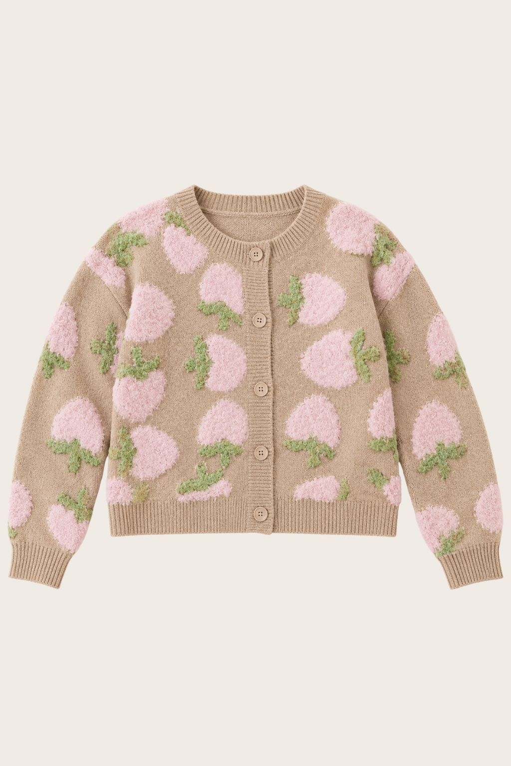 A beige knit cardigan sweater featuring a raised pattern of pink pom-pom flowers with green stems, displayed flat against a light cream background.