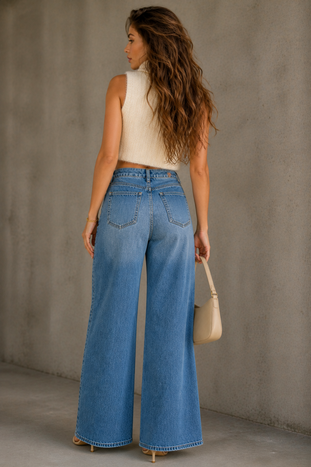 A woman stands with her back to the camera wearing high-waisted, wide-leg blue denim jeans, a cream sleeveless top, and holding a beige handbag against a textured gray concrete wall.