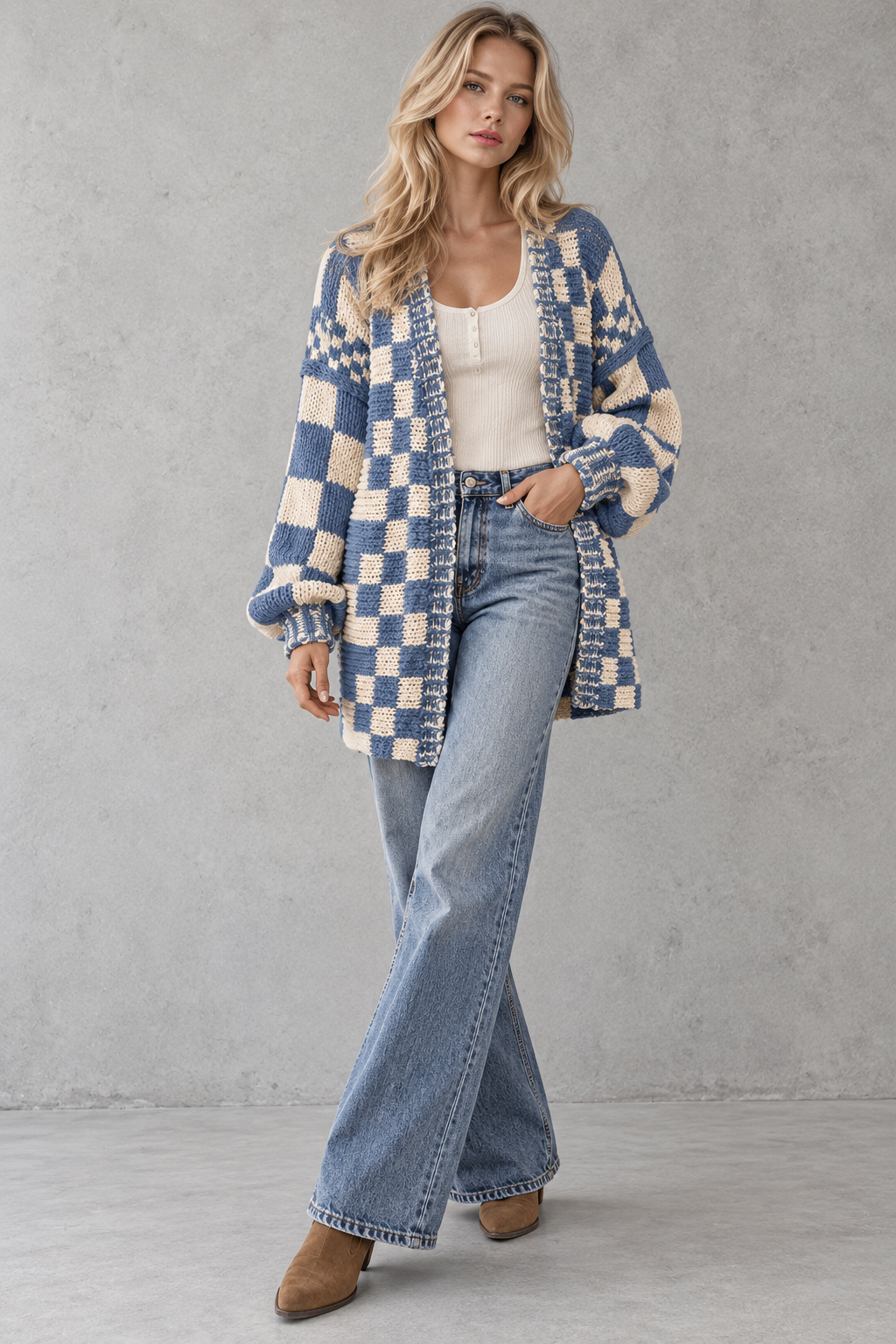 The Marielle Checkered Knit Cardigan – Blue & Cream