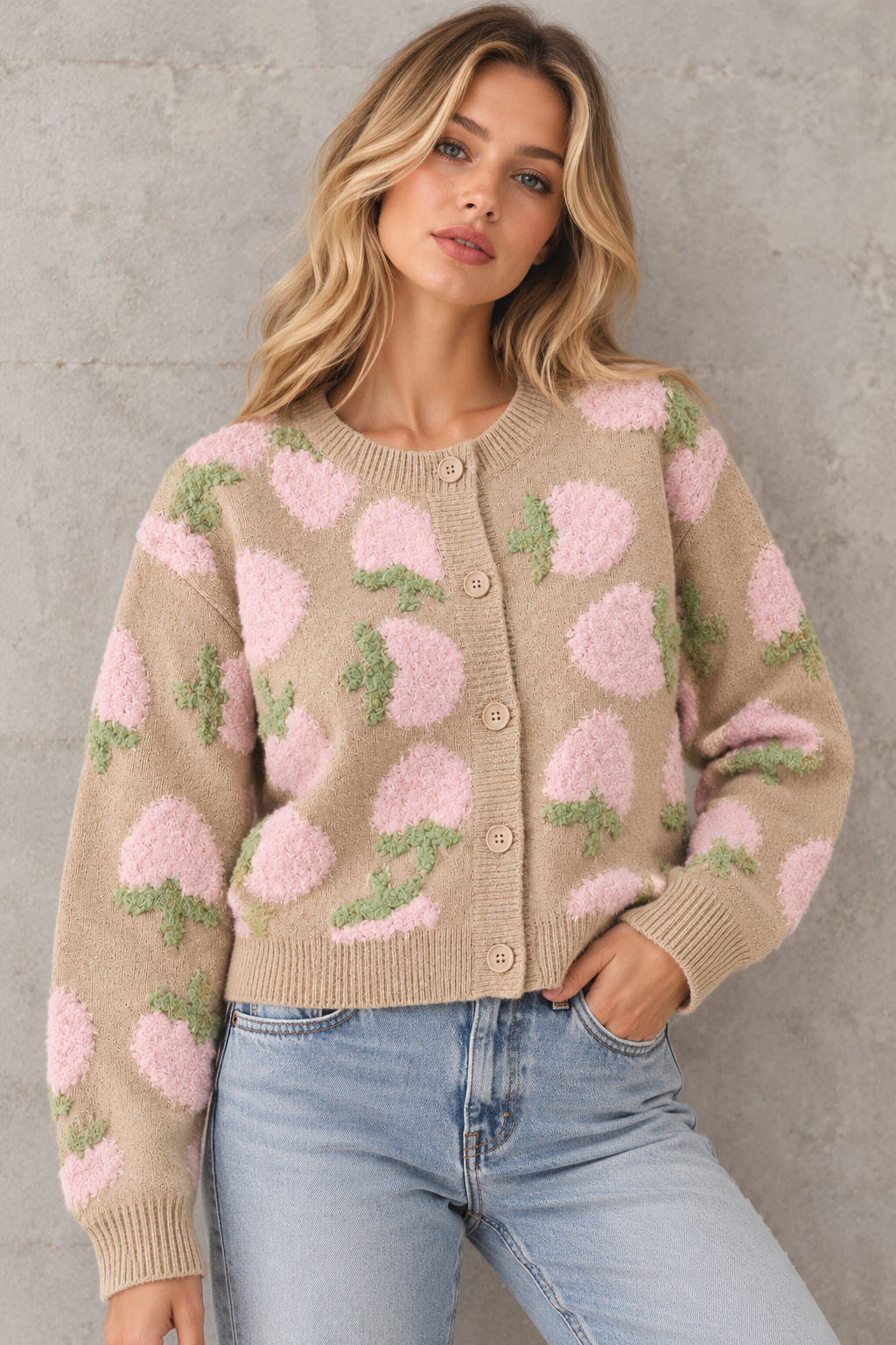 A woman wearing a beige knit cardigan with pink fuzzy floral motifs and green leaf accents, paired with light blue jeans, standing against a textured gray wall.