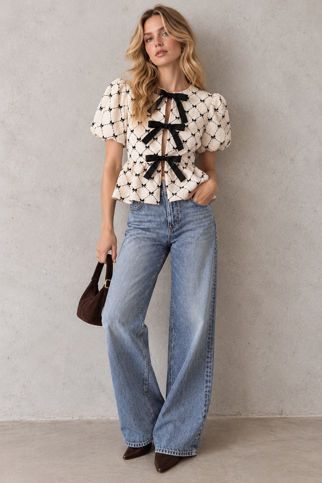 A woman stands against a textured light gray wall wearing a cream short-sleeve blouse with a black star pattern and large black bow details at the neckline, paired with wide-leg light blue jeans and dark pointed shoes. She holds a small dark brown handbag.