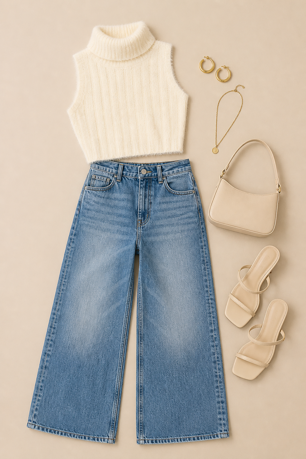 White ribbed turtleneck sweater, blue jeans, beige handbag, sandals, and gold hoop earrings on a beige background