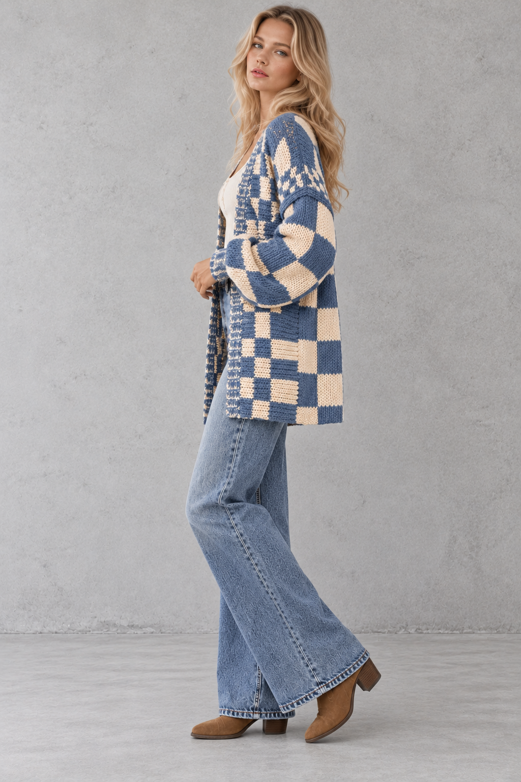 The Marielle Checkered Knit Cardigan – Blue & Cream