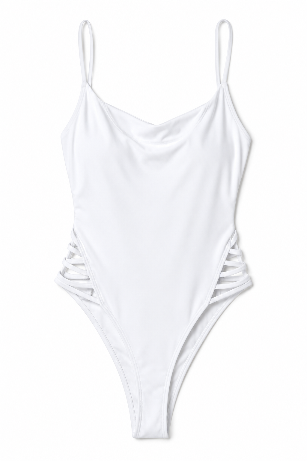 A white one-piece swimsuit with thin shoulder straps, a draped neckline, and side cutout details, shown against a plain white background.