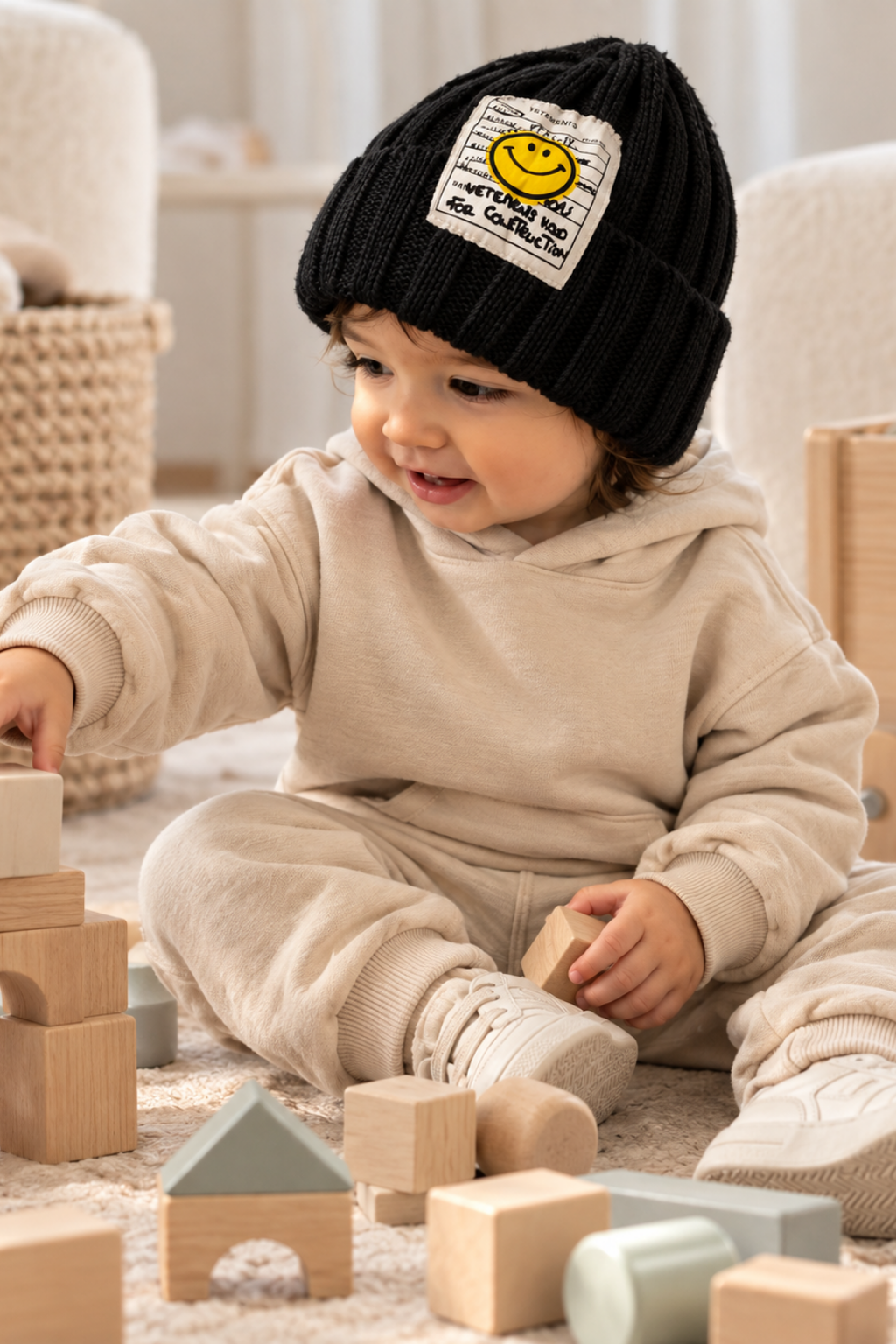 A toddler sitting on a carpeted floor playing with wooden blocks, wearing a beige knit hoodie and joggers with a black knit beanie featuring a yellow smiley face patch.
