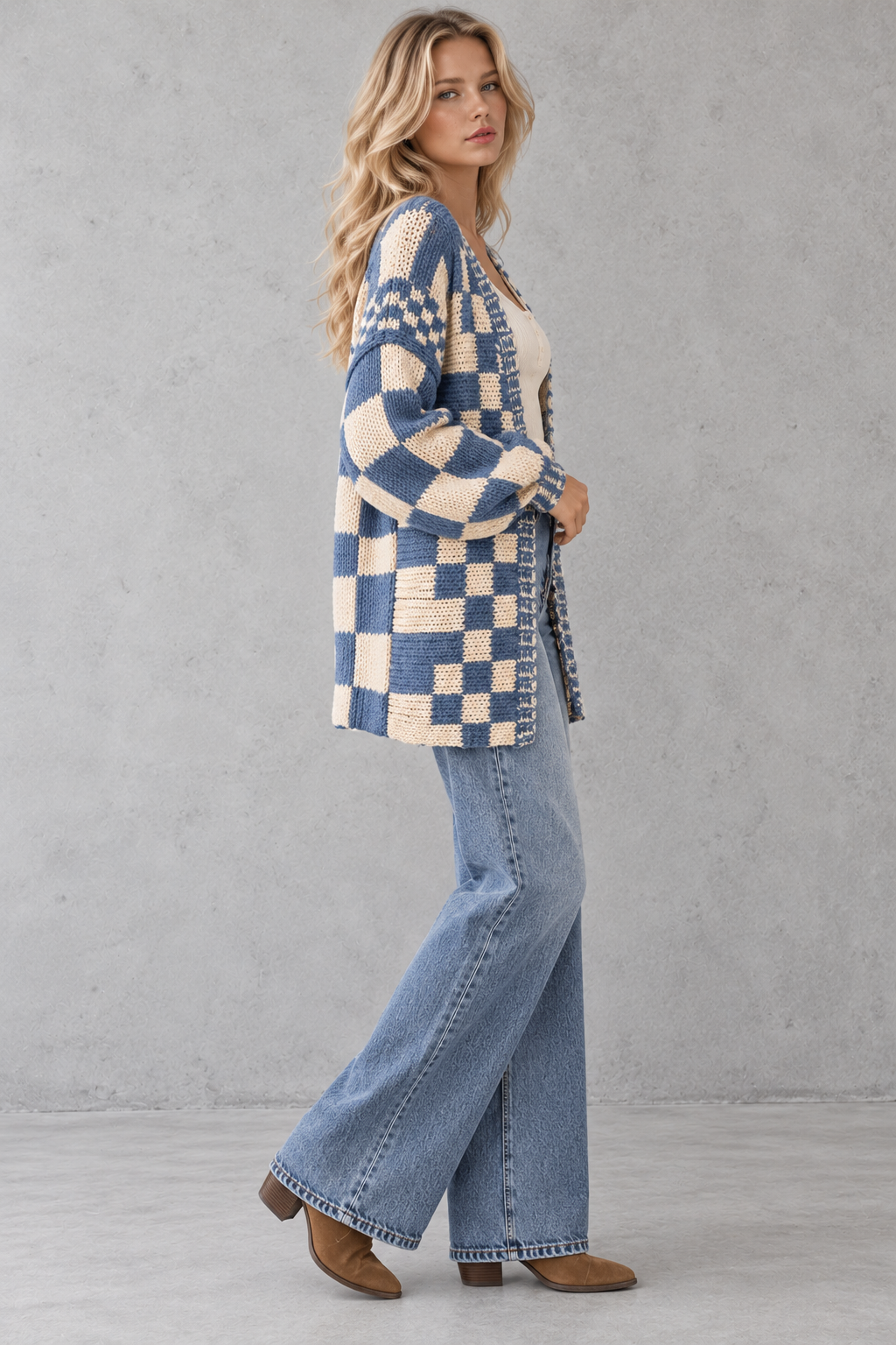 The Marielle Checkered Knit Cardigan – Blue & Cream