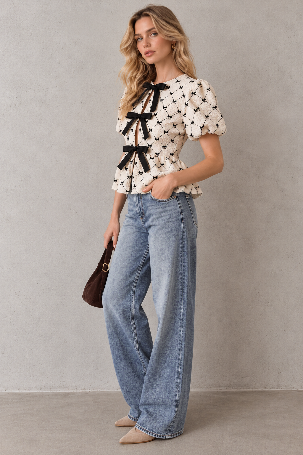 A woman models a short-sleeve cream blouse with a black floral pattern and black ribbon bows at the neckline, paired with wide-leg light blue jeans and beige flats, standing against a textured gray wall.