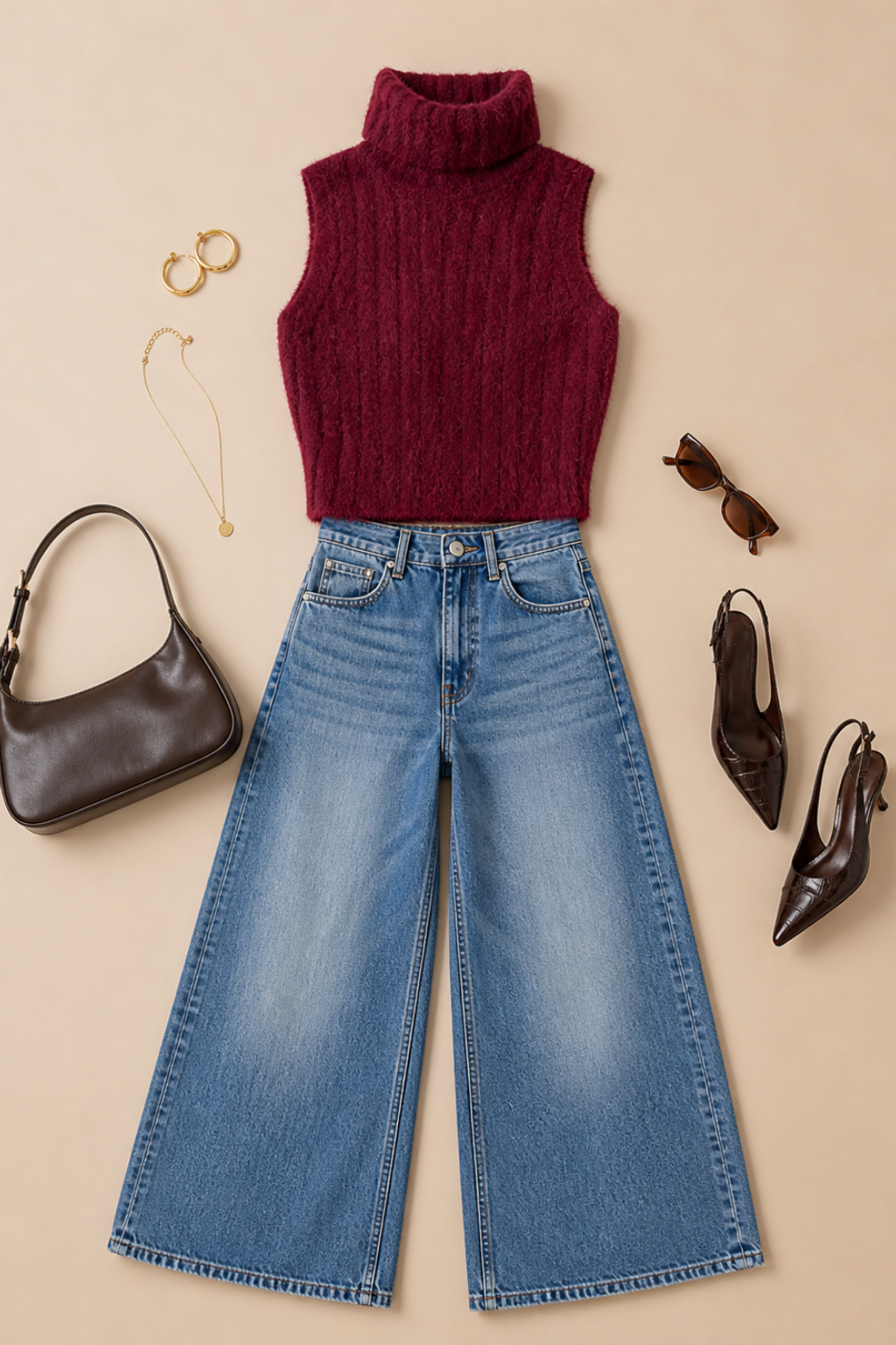 A styled flat-lay outfit featuring a sleeveless burgundy ribbed turtleneck sweater paired with wide-leg blue jeans, surrounded by fashion accessories including a black handbag, gold jewelry, sunglasses, and black heels on a beige background.