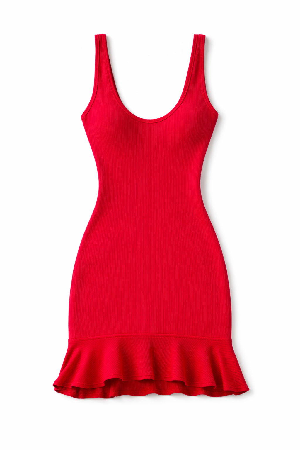 Red dress with a ruffled hem on a white background