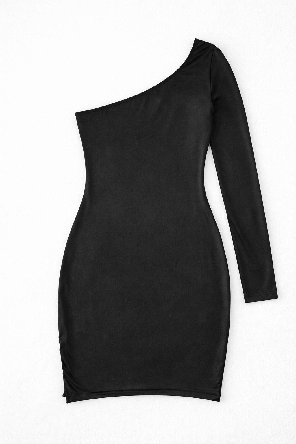 A black one-shoulder long-sleeve bodycon dress with a side slit, shown flat against a plain white background.